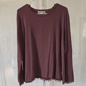 Johnny Was Deep Plum Long Sleeve Tee with Pom Hem